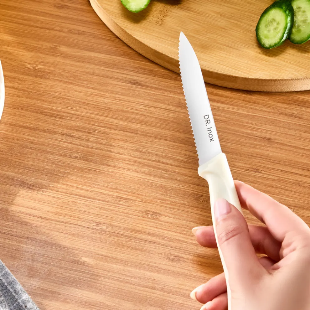Dr.Inox Serrated Stainless Steel Utility Knife, 21cm, Cream