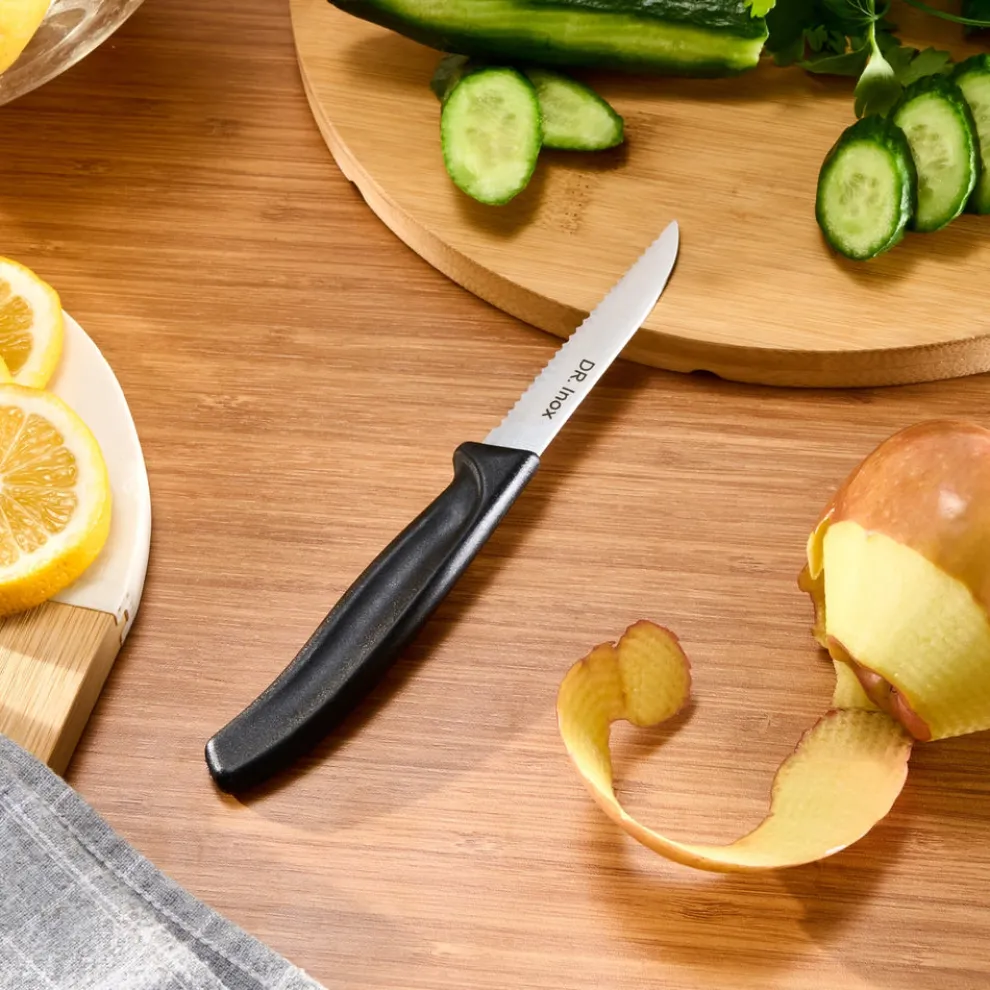 Dr.Inox Stainless Steel Serrated Paring Knife, 19cm, Black