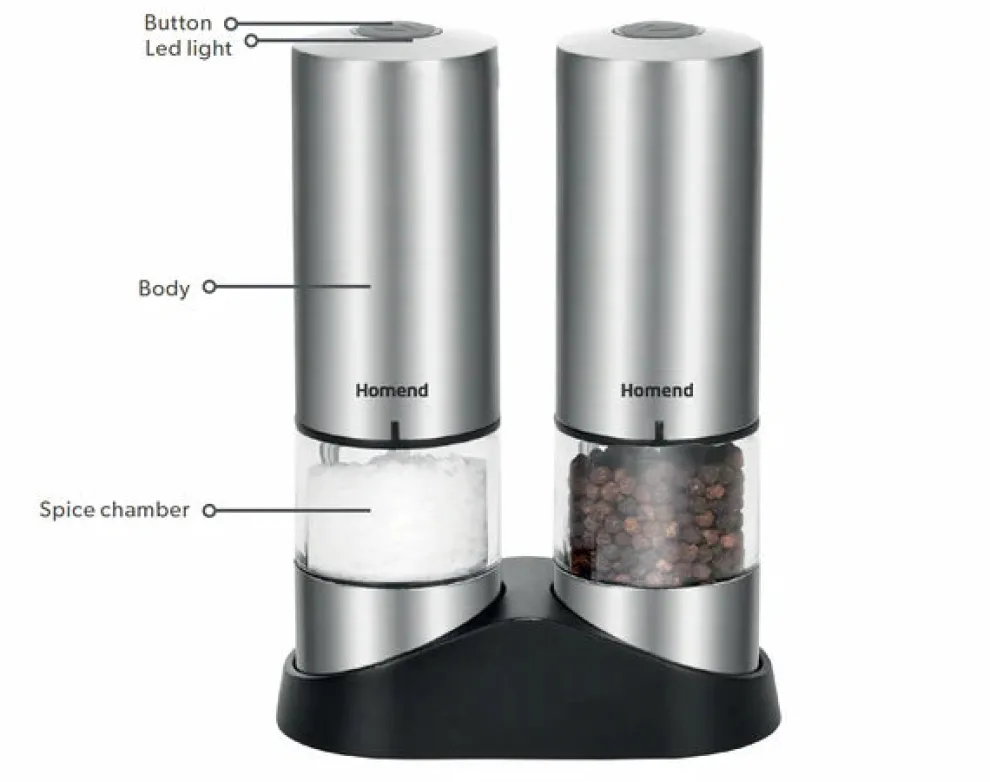 Homend Grindgo 6003 2-Piece Rechargeable Seasoning Mill Set, Inox