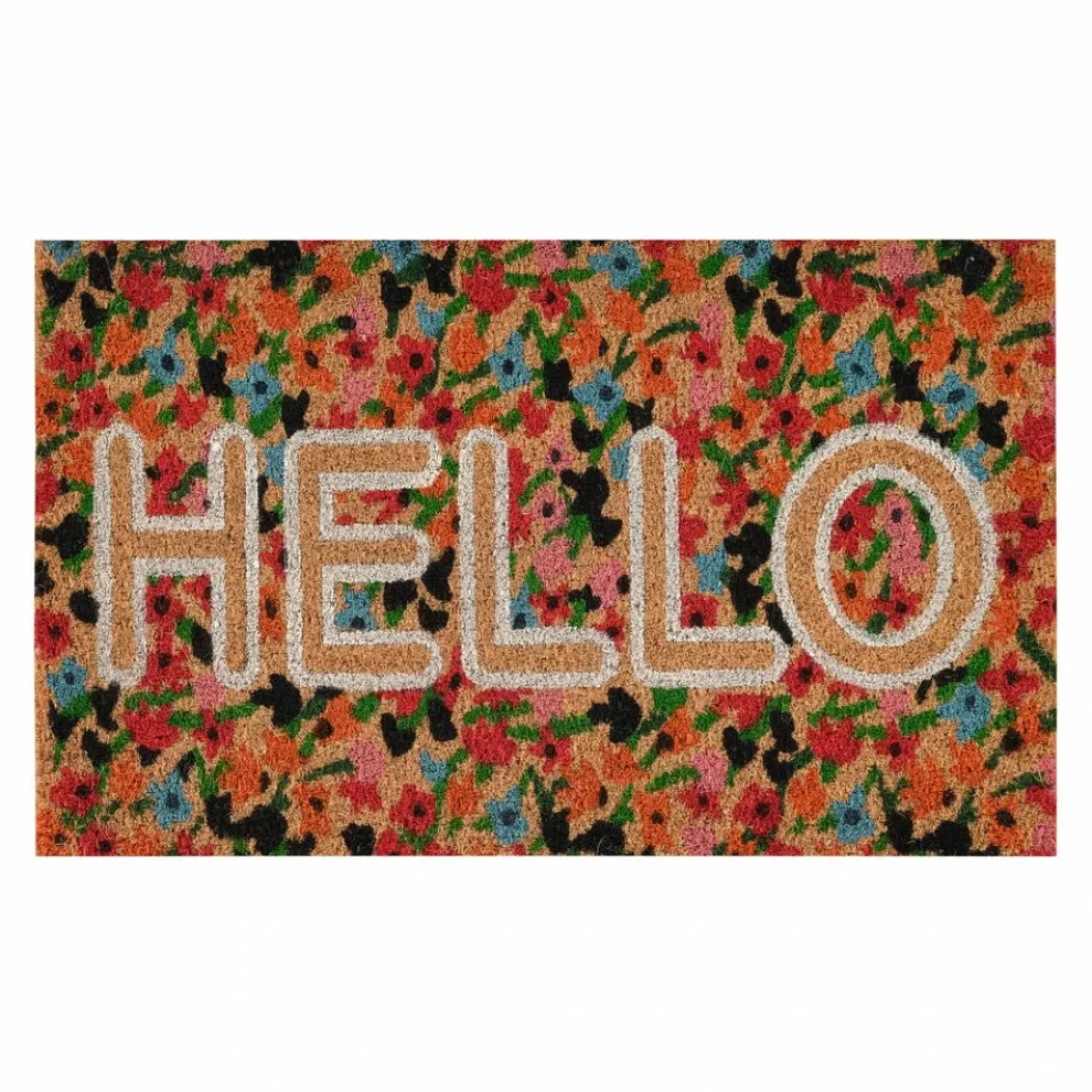 Kaşmir Rugs 7/24 Colourful Floral Hello Coco Door Mat, 45cmx75cm, Multi