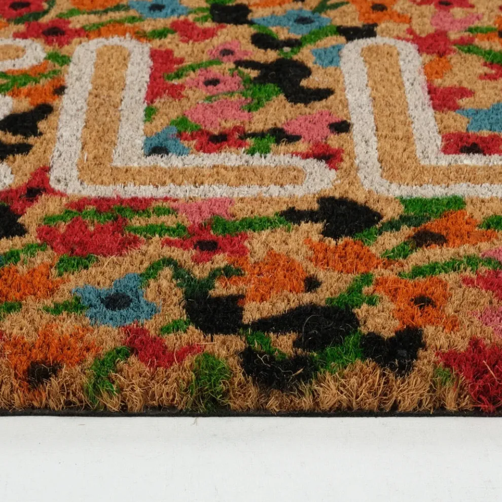 Kaşmir Rugs 7/24 Colourful Floral Hello Coco Door Mat, 45cmx75cm, Multi