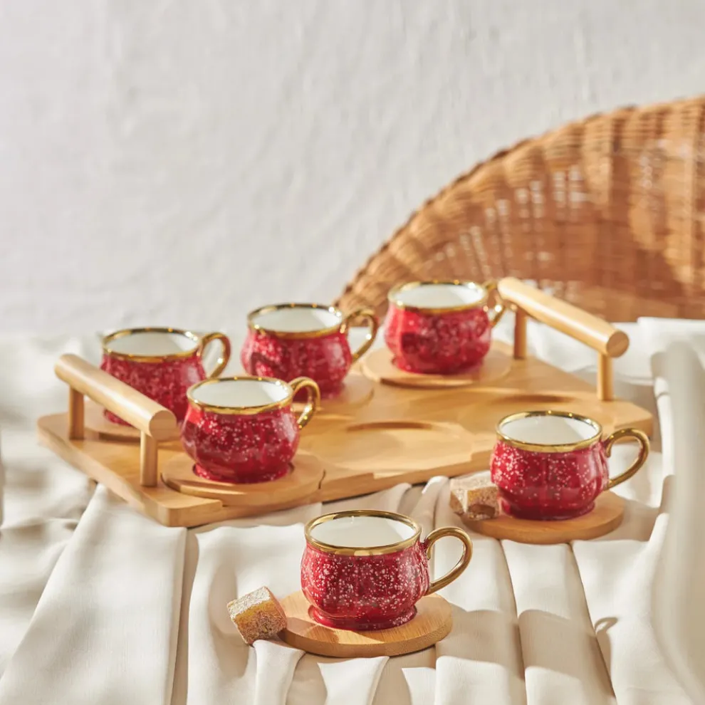 Karaca 12-Piece Bone China Espresso Turkish Coffee Cup Set with Bamboo Tray for 6 People, 90ml, Red Multi