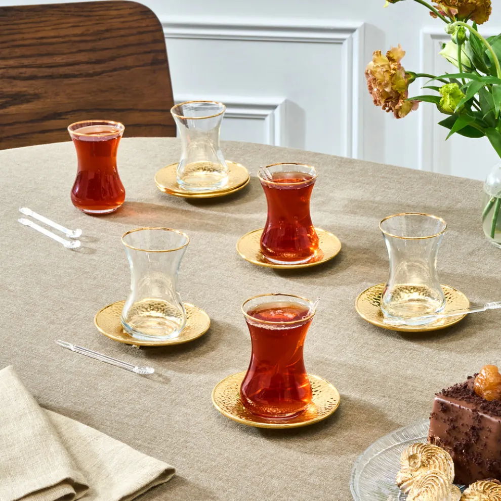 Karaca Ada 18-Piece Turkish Tea Set for 6 People, 130ml, Gold