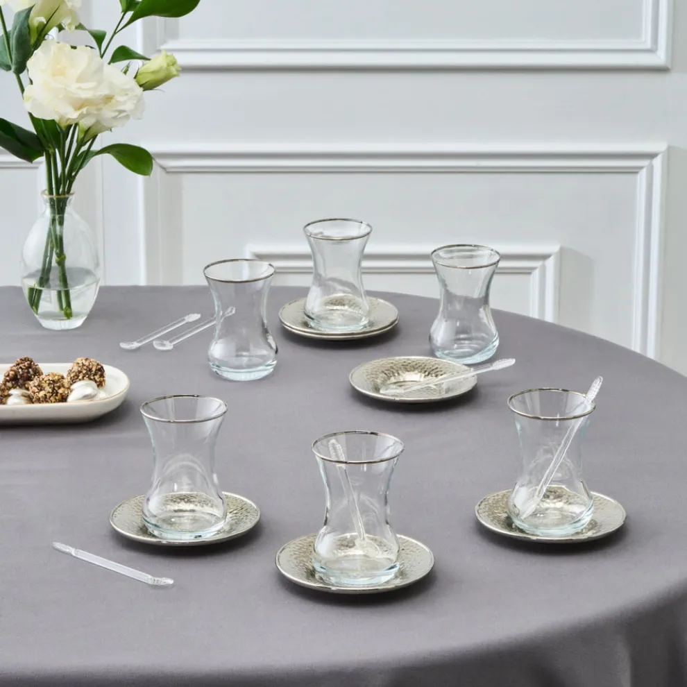 Karaca Ada 18-Piece Turkish Tea Set for 6 People, 130ml, Platin