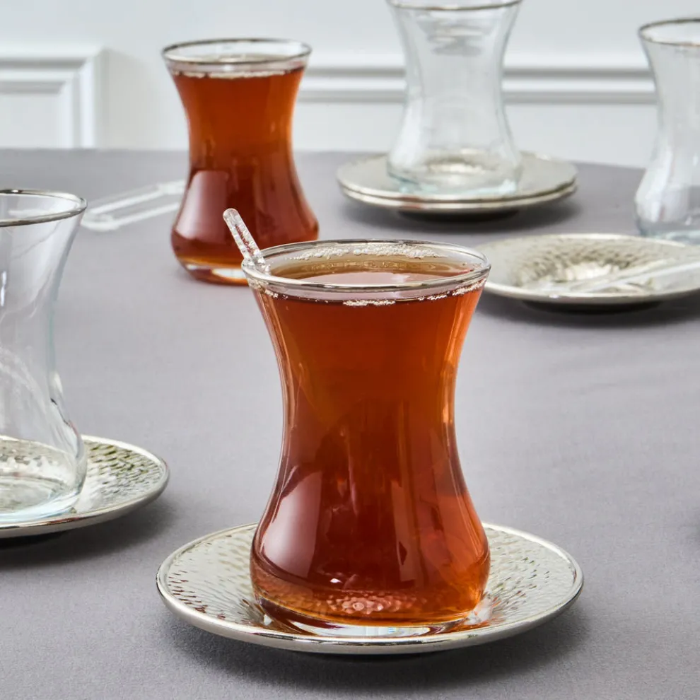 Karaca Ada 18-Piece Turkish Tea Set for 6 People, 130ml, Platin