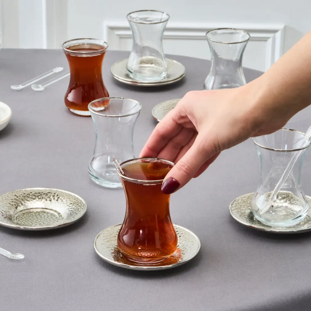 Karaca Ada 18-Piece Turkish Tea Set for 6 People, 130ml, Platin