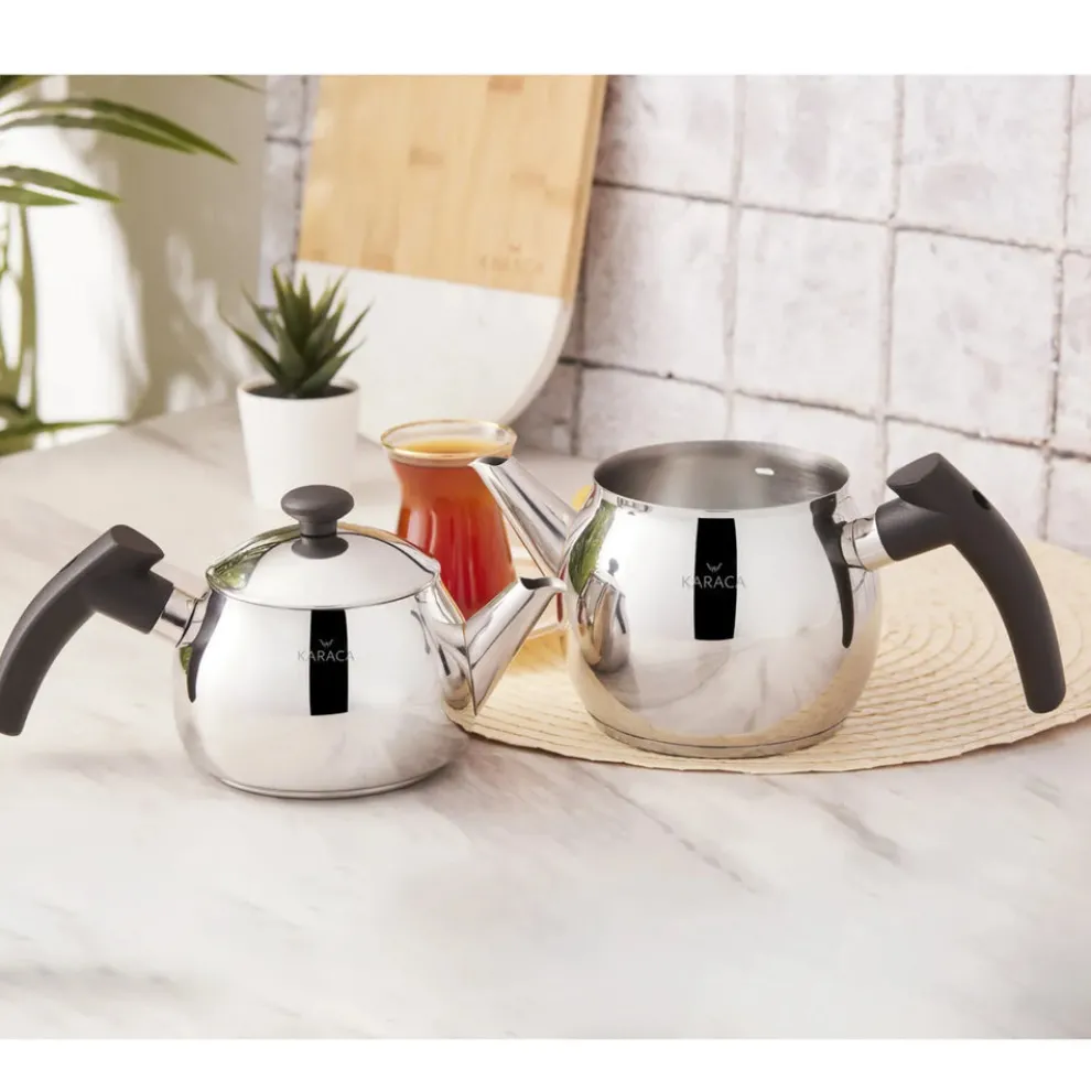 Karaca Adelya Stainless Steel Induction Teapot Set, Small, Silver Black