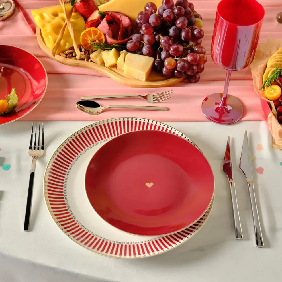 Karaca Amour 6-Piece Bone China Dinner Set for 2 People, Red Multi