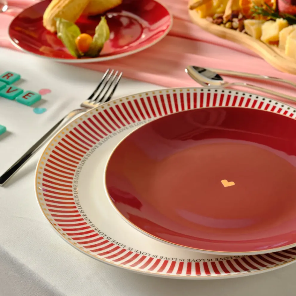 Karaca Amour 6-Piece Bone China Dinner Set for 2 People, Red Multi