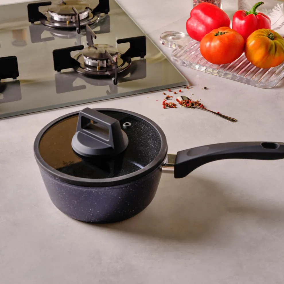 Karaca Aqua Granite Non-Stick Induction Saucepan & Lid, 18cm, Blue