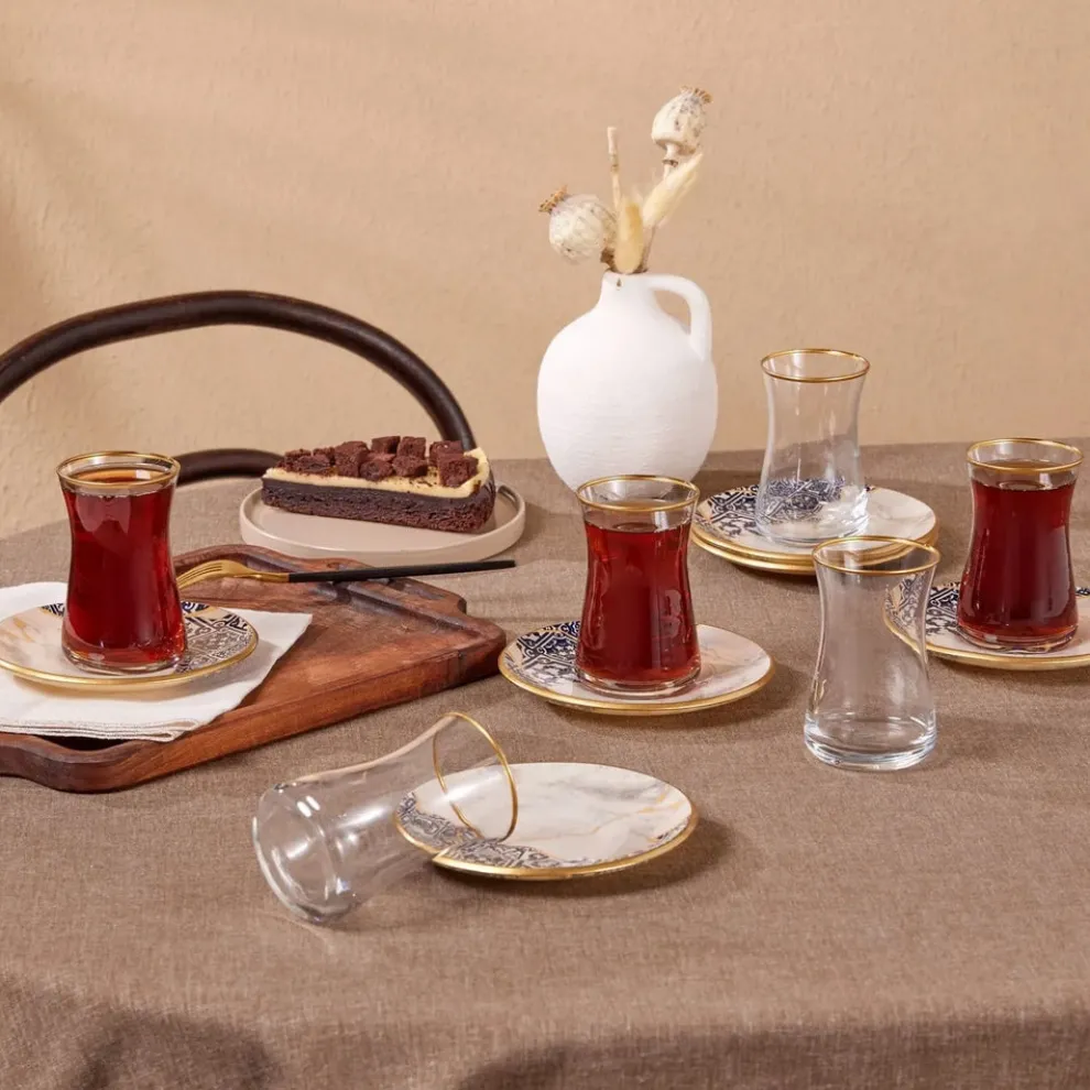 Karaca Aris 12 Piece Glass Turkish Tea Set for 6 People, 150ml, Multi