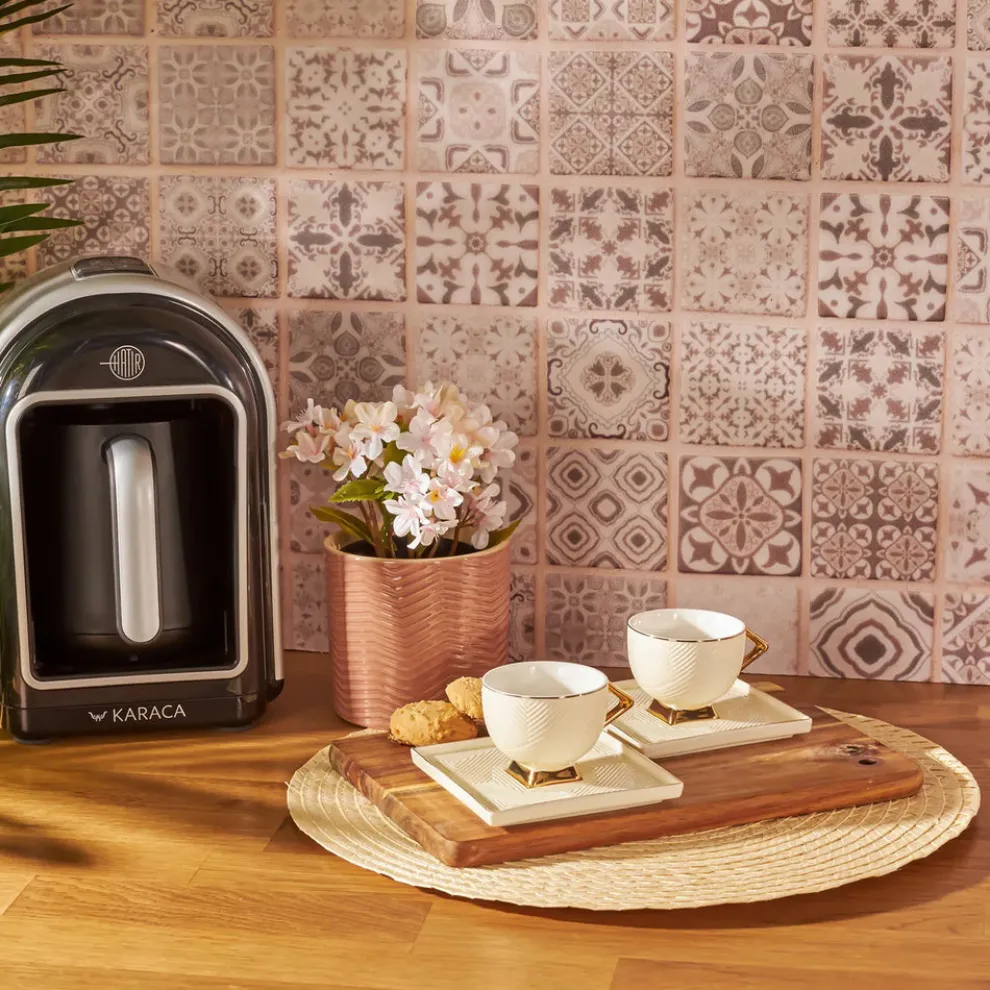 Karaca Art Deco 4 Piece Porcelain Espresso Turkish Coffee Cup Set for 2 People, 90ml, Gold White