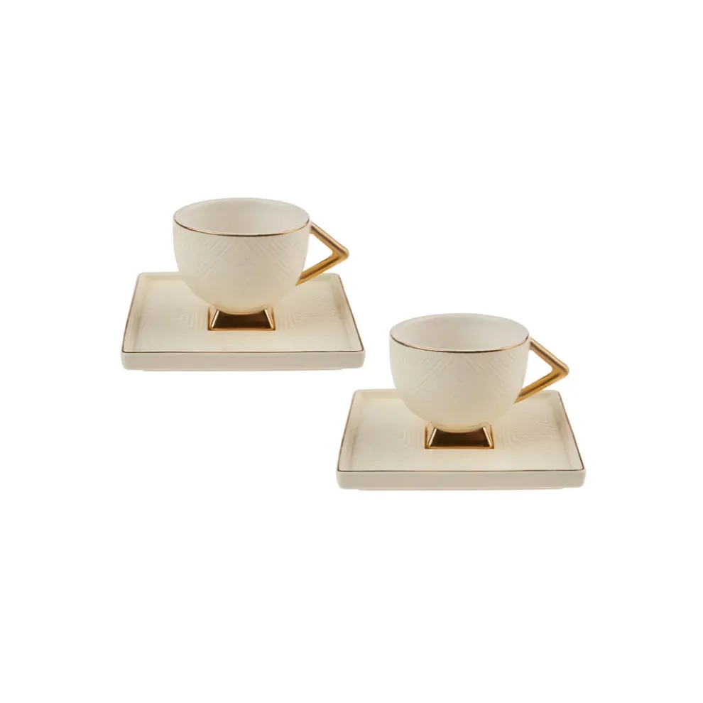 Karaca Art Deco 4 Piece Porcelain Espresso Turkish Coffee Cup Set for 2 People, 90ml, Gold White