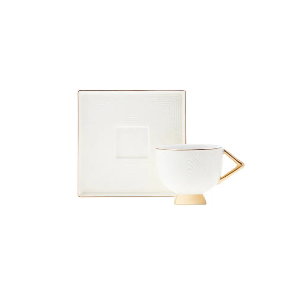 Karaca Art Deco 4 Piece Porcelain Espresso Turkish Coffee Cup Set for 2 People, 90ml, Gold White