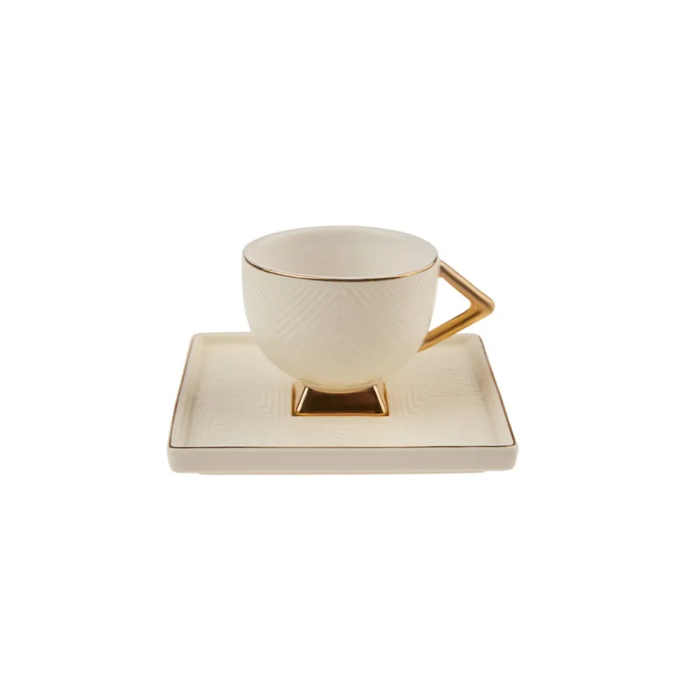 Karaca Art Deco 4 Piece Porcelain Espresso Turkish Coffee Cup Set for 2 People, 90ml, Gold White
