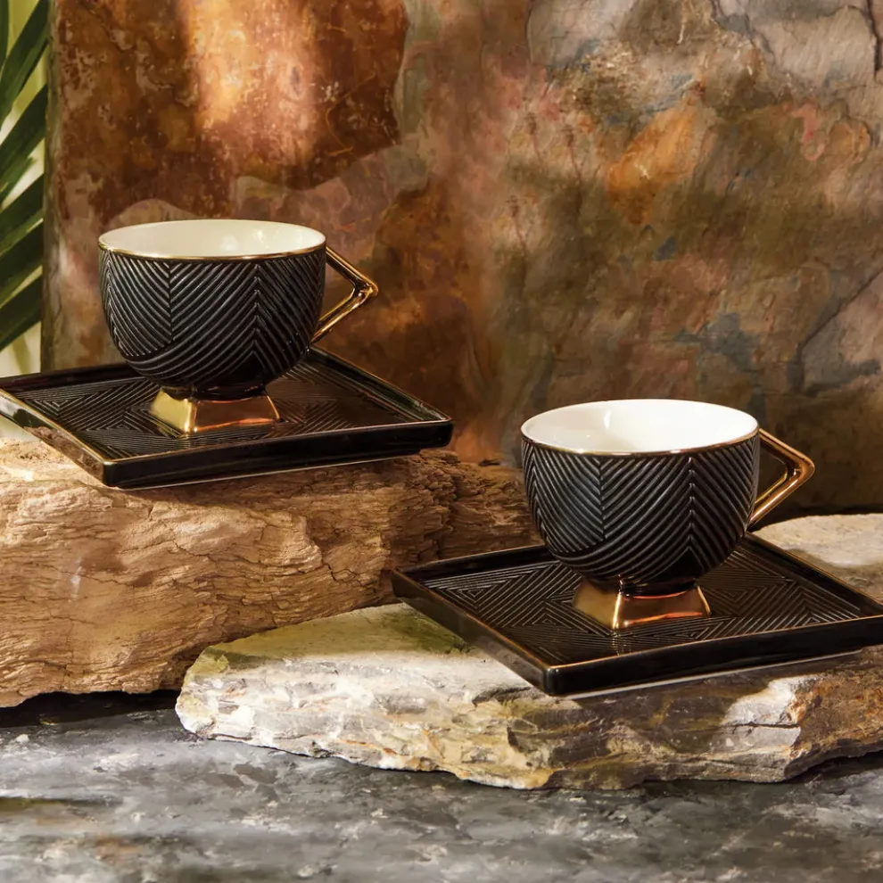 Karaca Art Deco 4 Piece Porcelain Turkish Coffee Cup Set for 2 People, 90ml, Black Gold