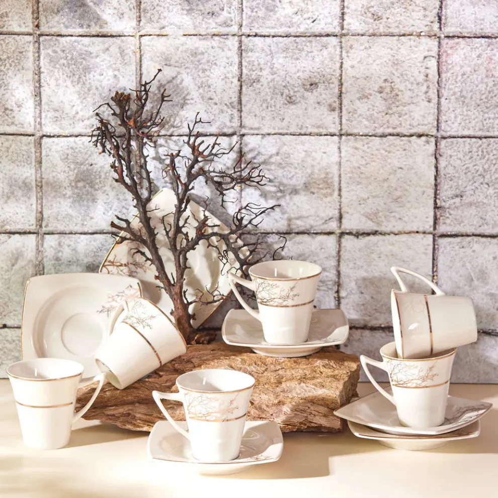 Karaca Autumn 12 Piece Porcelain Espresso Turkish Coffee Cup Set for 6 People, 85ml, Gold White