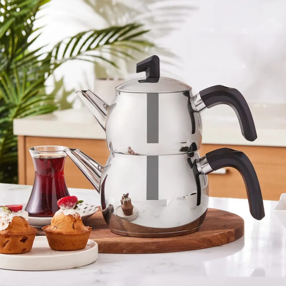 Karaca Belinay Stainless Steel Induction Teapot Set, Medium, Silver Black