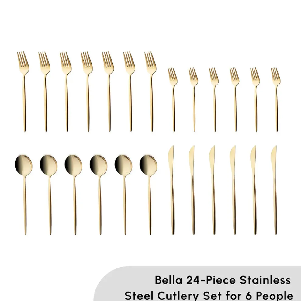 Karaca Bella 24-Piece Cutlery Set for 6 People, Shiny Gold