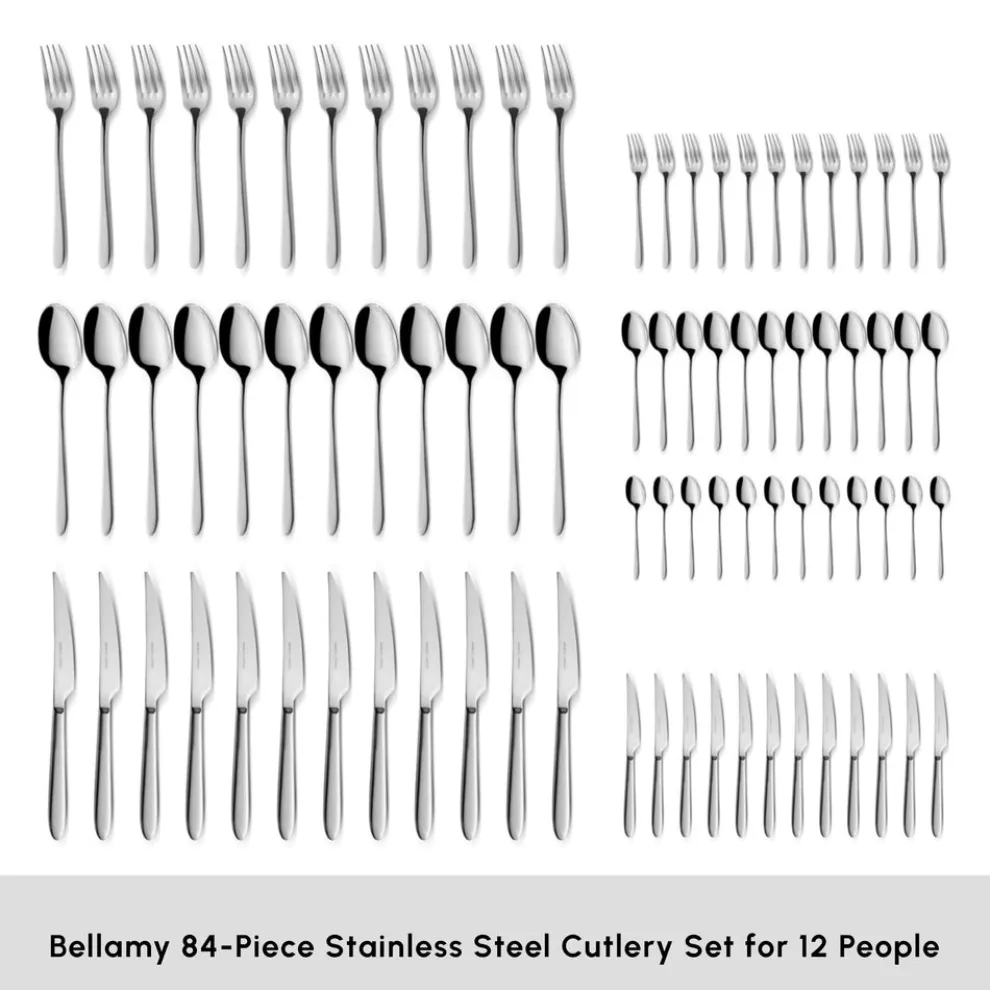 Karaca Bellamy 84-Piece Stainless Steel Cutlery Set for 12 People, Silver