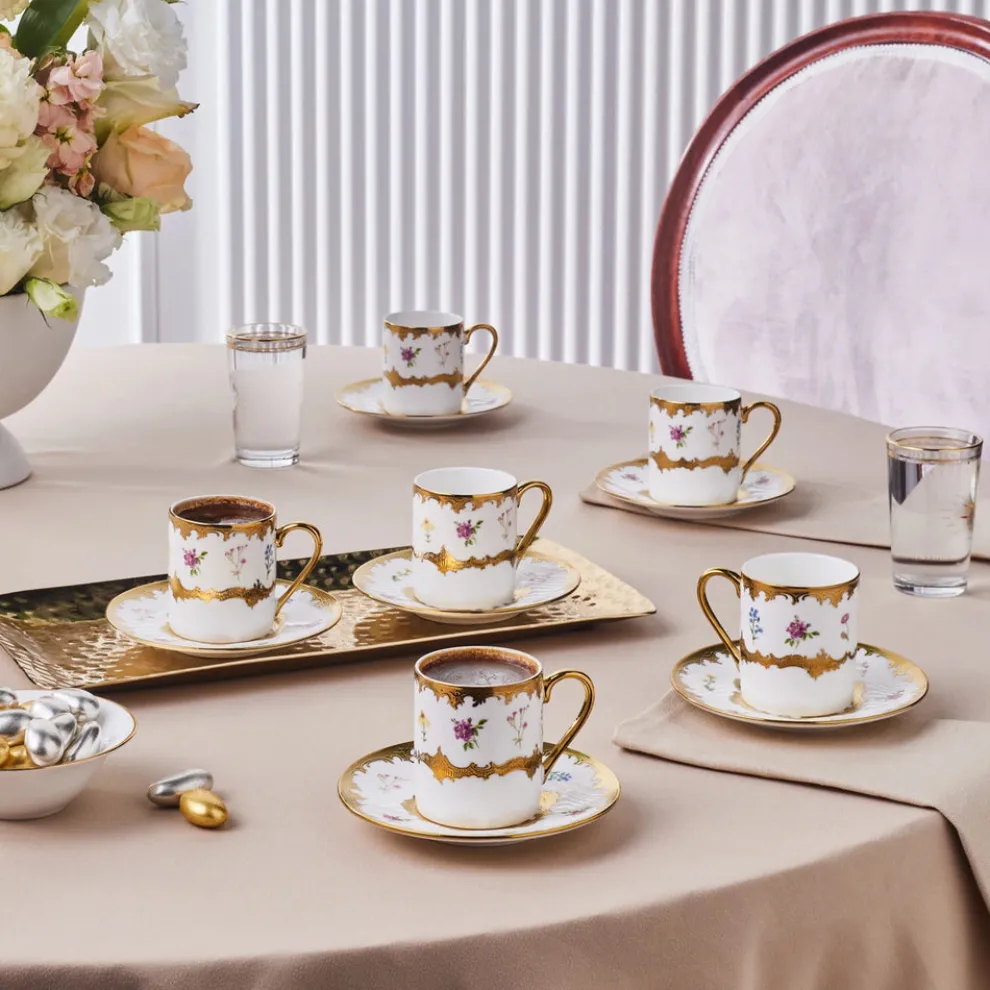 Karaca Bihter 12-Piece Bone China Espresso Turkish Coffee Cup for 6 People, 90ml, Multi