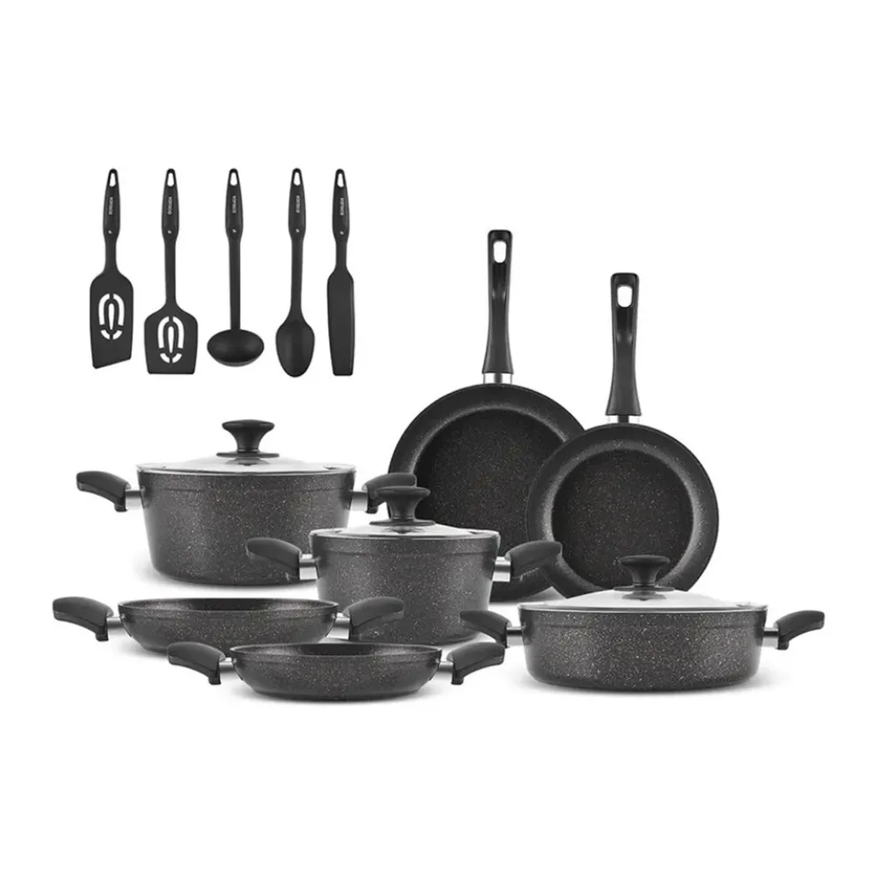 Karaca Blackgold Biogranite 15-Piece Non-Stick Induction Cookware Set, Black Gold