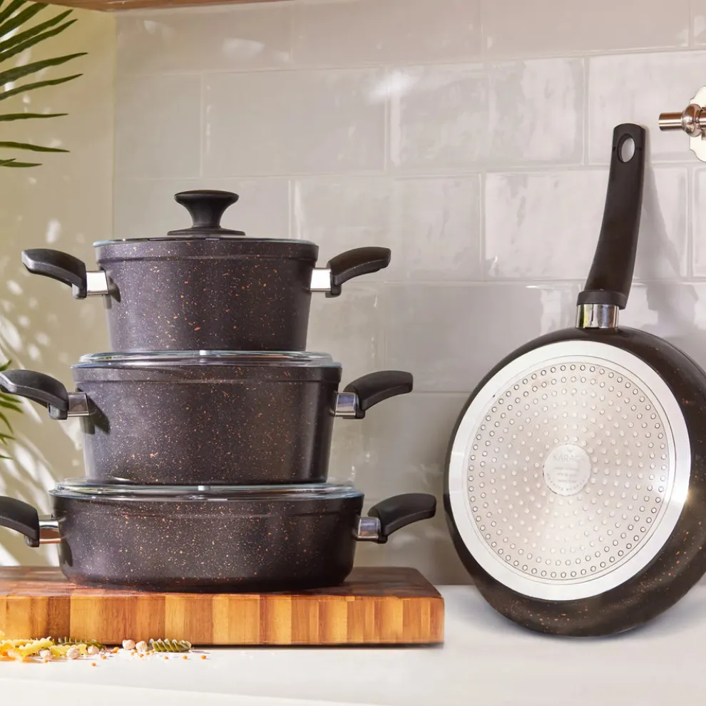 Karaca Blackgold Biogranite 7-Piece Non-Stick Induction Cookware Set, Black Gold
