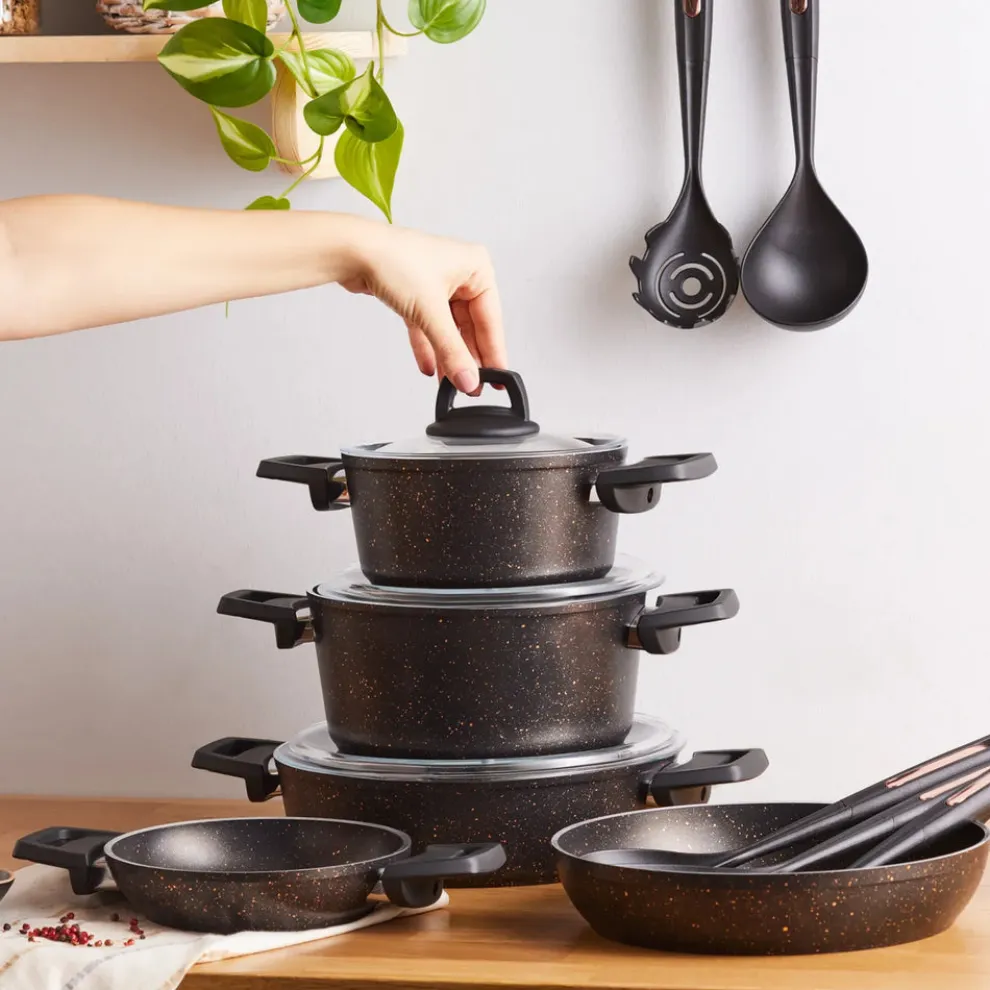 Karaca Blackgold Biogranite 13-Piece Induction Cookware Set with Kitchen Utensil Set, Black Gold