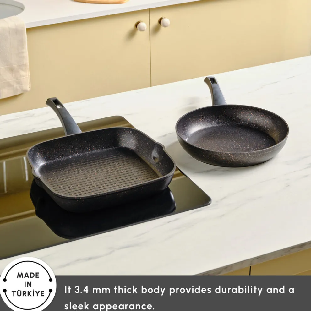 Karaca Blackgold Biogranite 2-Piece Induction Pan-Grill Set, Black Gold