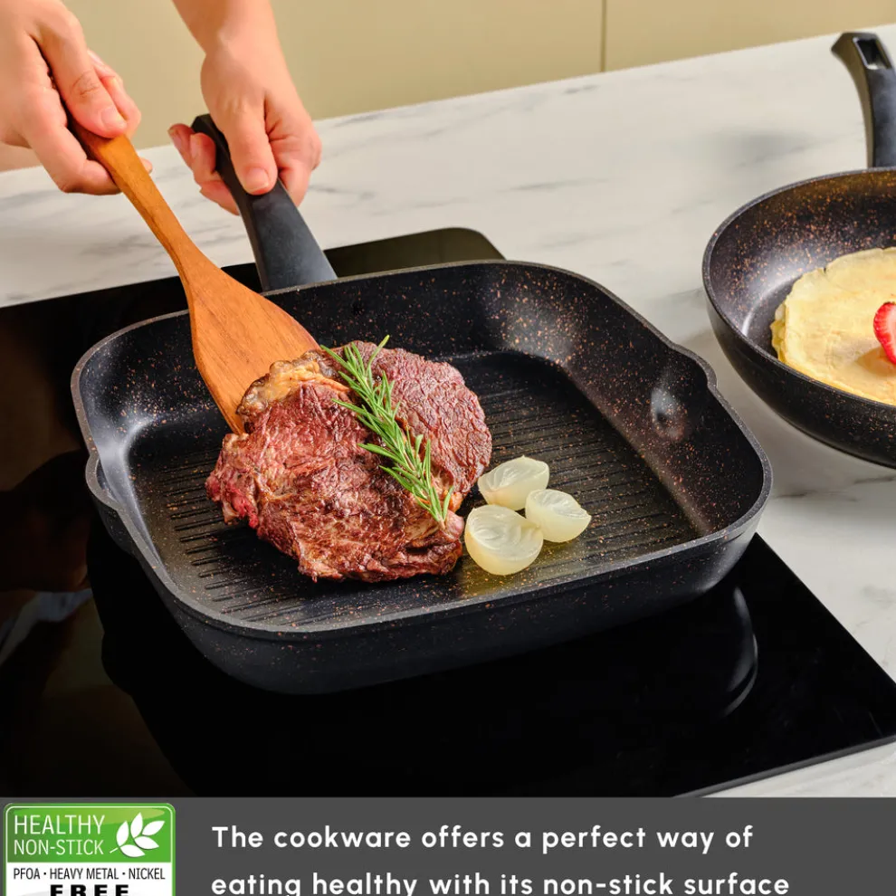 Karaca Blackgold Biogranite 2-Piece Induction Pan-Grill Set, Black Gold