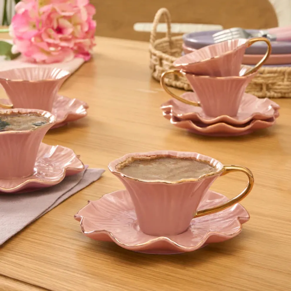 Karaca Bliss 12-Piece Porcelain Turkish Coffee Cup Set for 6 People, 90ml, Pink