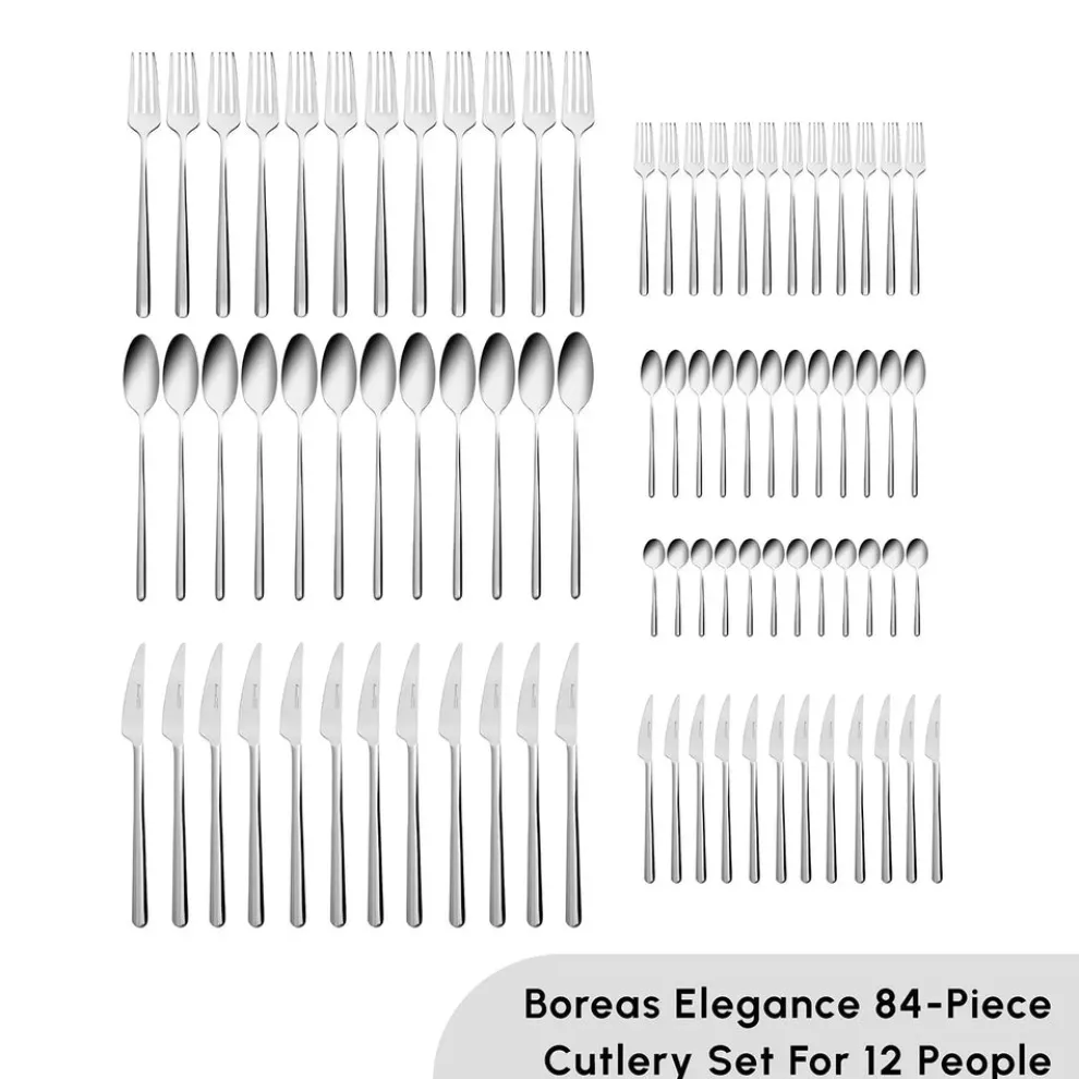 Karaca Boreas 84-Piece Stainless Steel Cutlery Set for 12 People, Silver