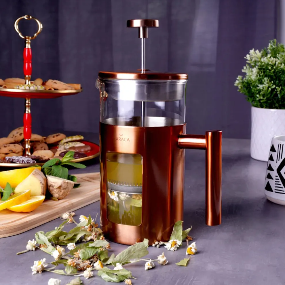 Karaca Borosilicate Glass Copper French Press, 1000ml, Copper Silver
