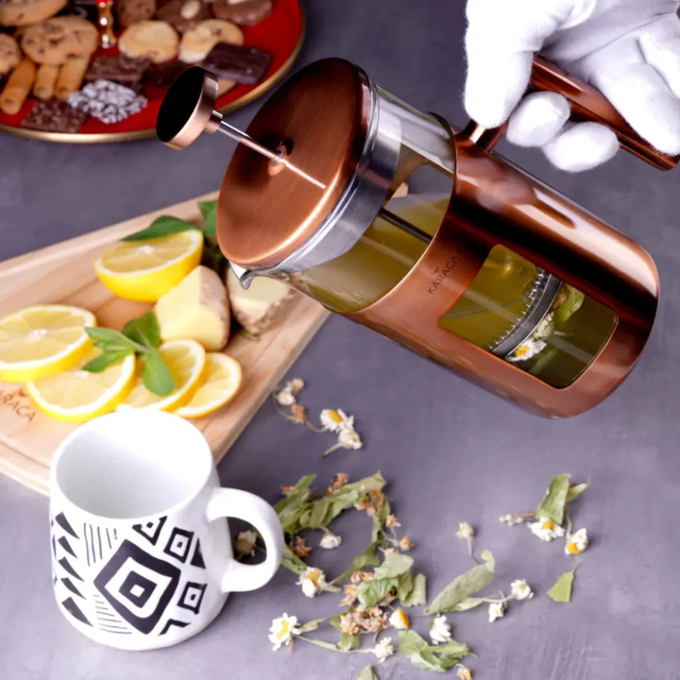 Karaca Borosilicate Glass Copper French Press, 1000ml, Copper Silver