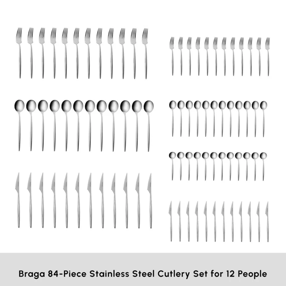 Karaca Braga 84-Piece Stainless Steel Cutlery Set for 12 People, Platin