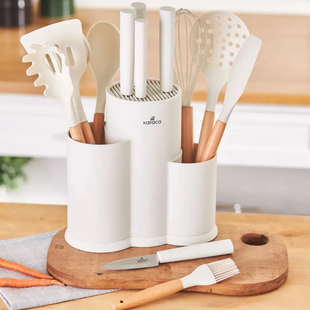 Karaca Burby 14 Piece Knife Block Set, Cream