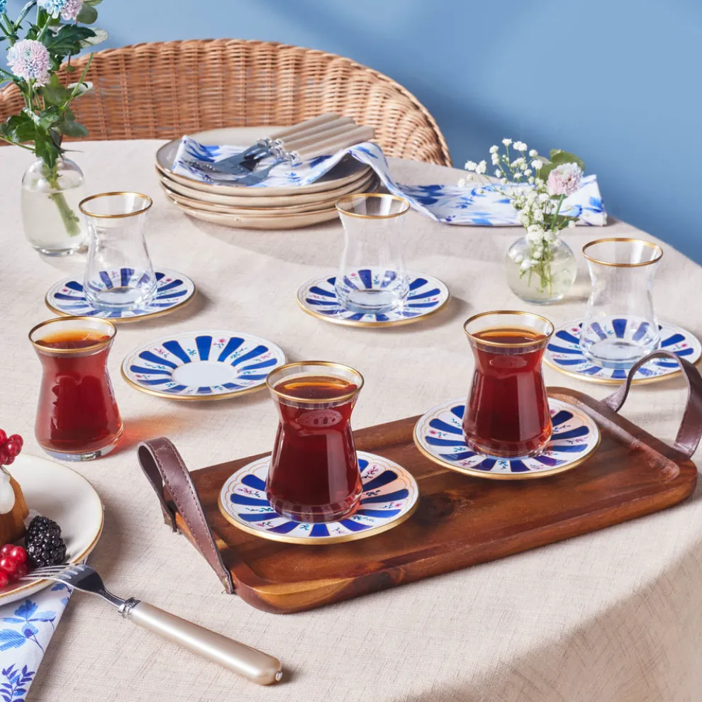 Karaca Bursa 12-Piece Glass Turkish Tea Set for 6 People, 132ml, Navy