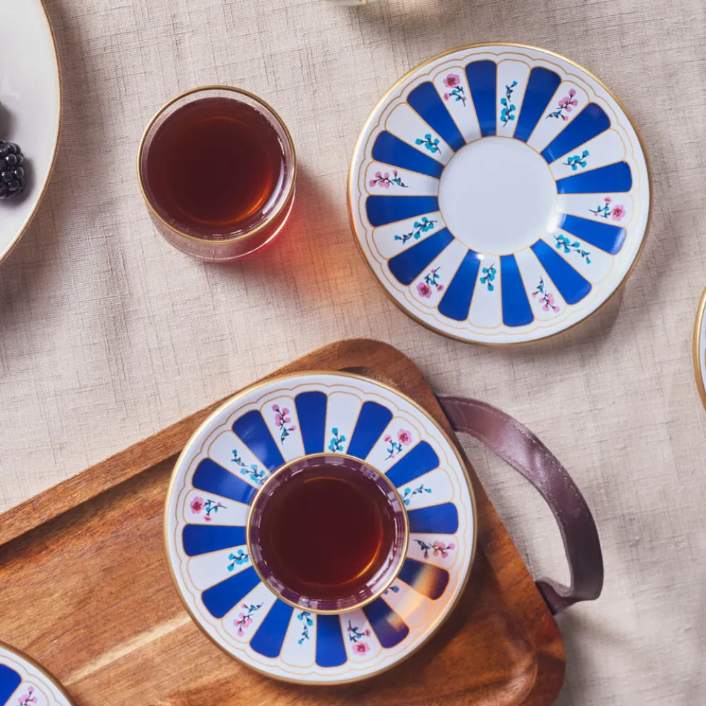 Karaca Bursa 12-Piece Glass Turkish Tea Set for 6 People, 132ml, Navy