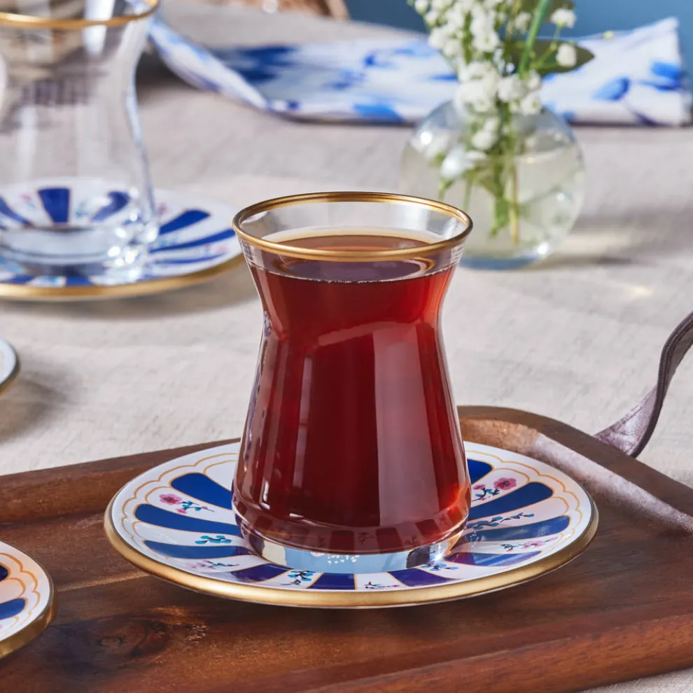 Karaca Bursa 12-Piece Glass Turkish Tea Set for 6 People, 132ml, Navy