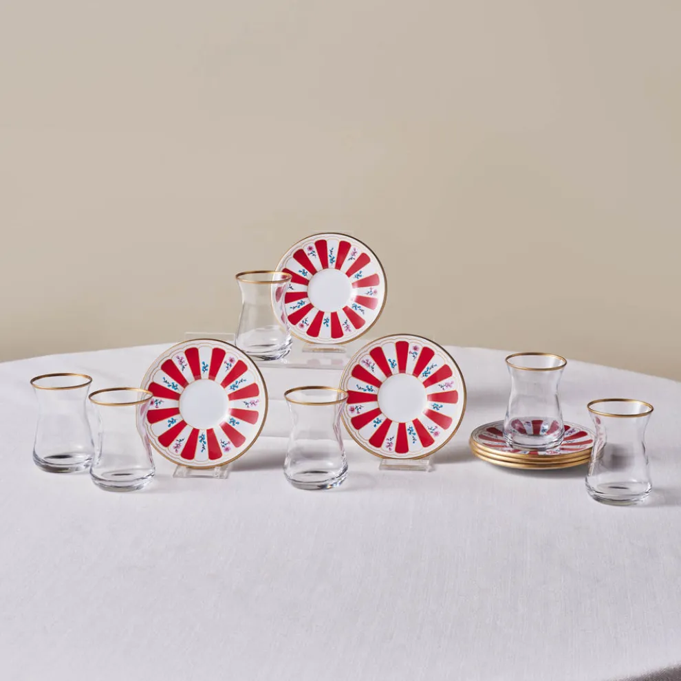 Karaca Bursa 12-Piece Glass Turkish Tea Set for 6 People, 132ml, Red