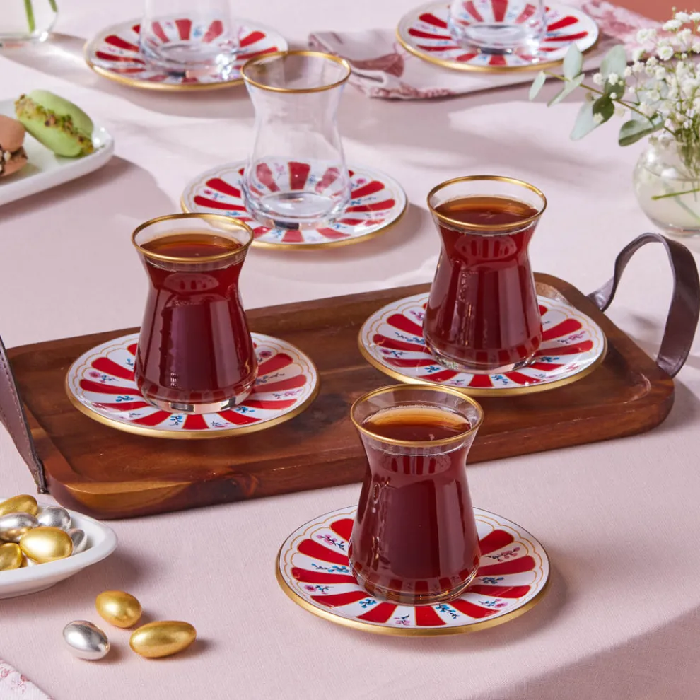 Karaca Bursa 12-Piece Glass Turkish Tea Set for 6 People, 132ml, Red