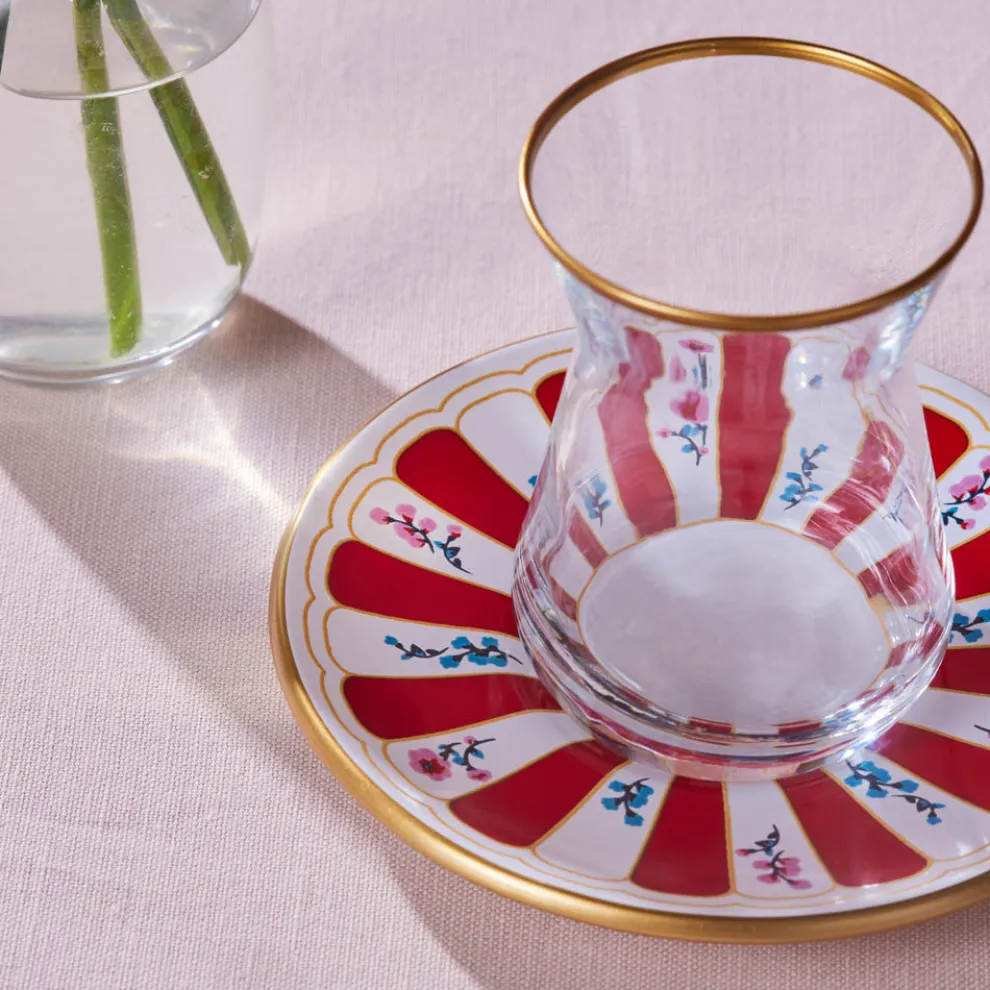 Karaca Bursa 12-Piece Glass Turkish Tea Set for 6 People, 132ml, Red