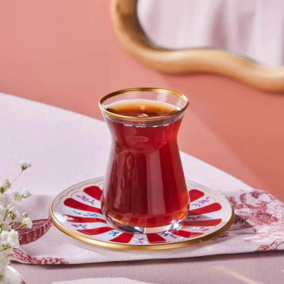 Karaca Bursa 12-Piece Glass Turkish Tea Set for 6 People, 132ml, Red