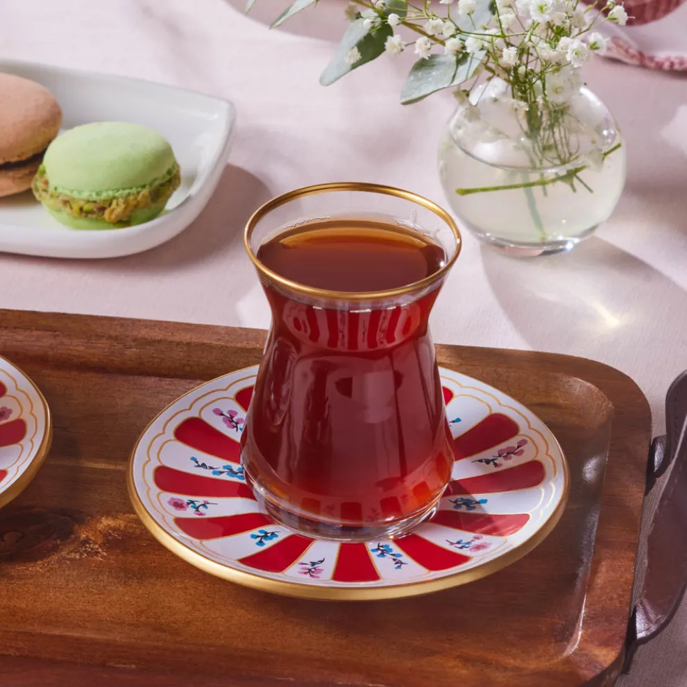 Karaca Bursa 12-Piece Glass Turkish Tea Set for 6 People, 132ml, Red