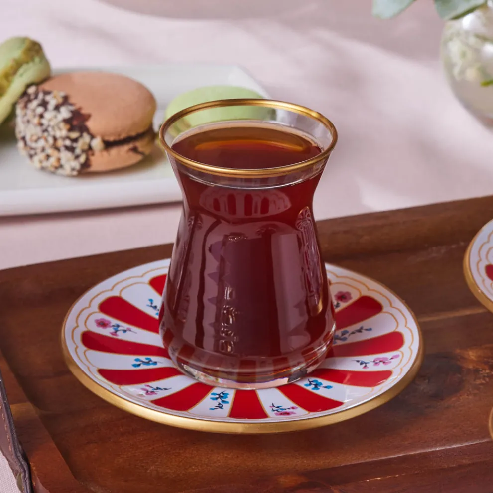 Karaca Bursa 12-Piece Glass Turkish Tea Set for 6 People, 132ml, Red