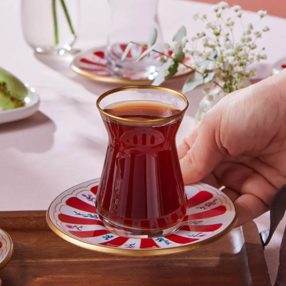 Karaca Bursa 12-Piece Glass Turkish Tea Set for 6 People, 132ml, Red