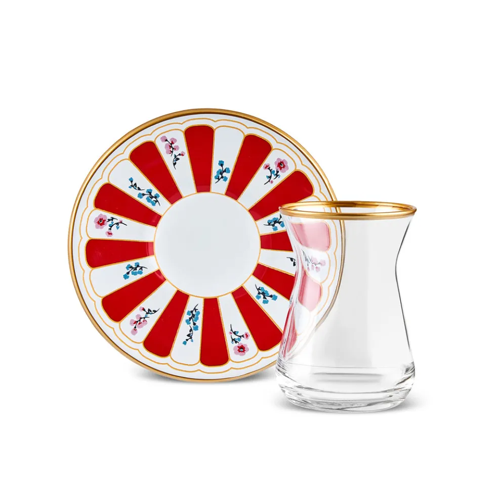 Karaca Bursa 12-Piece Glass Turkish Tea Set for 6 People, 132ml, Red