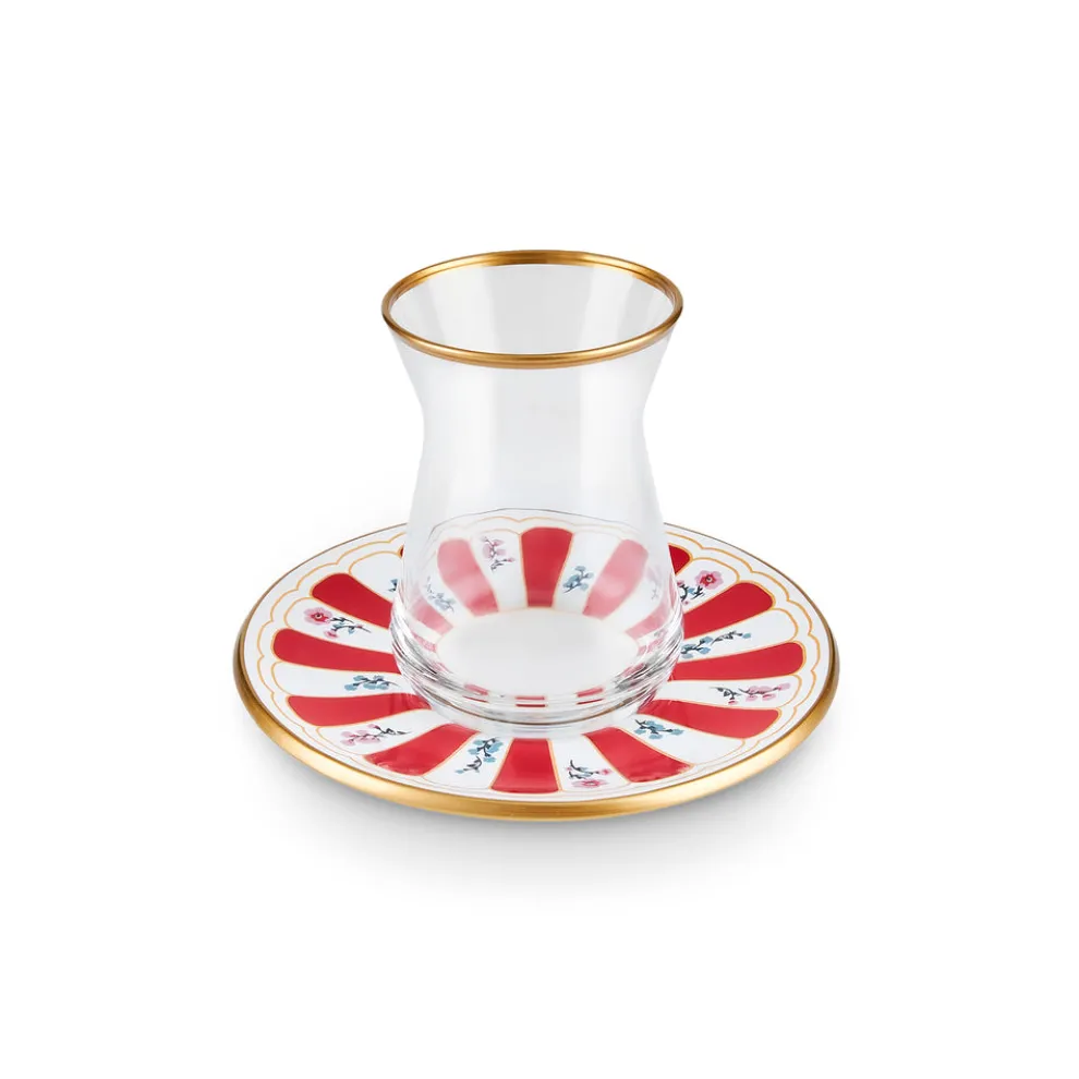 Karaca Bursa 12-Piece Glass Turkish Tea Set for 6 People, 132ml, Red