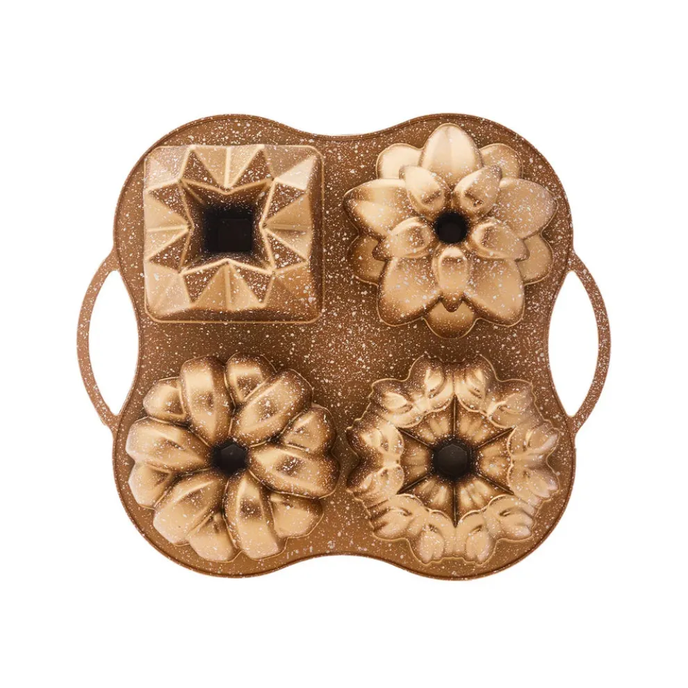 Karaca Cake Pro Aluminium Cast Decorative Bundt Cake Tin, 4 Piece, 28cmx35cm, Gold