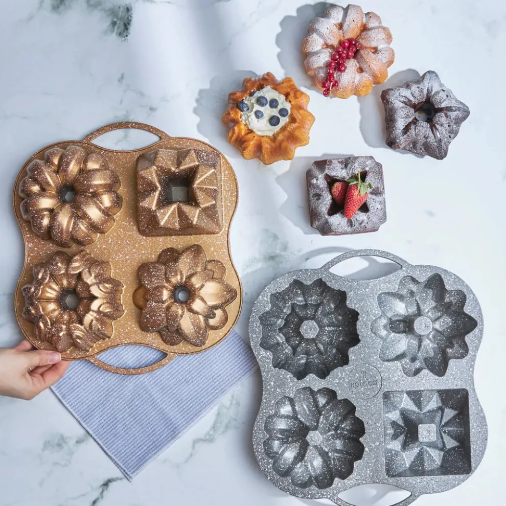 Karaca Cake Pro Aluminium Cast Decorative Bundt Cake Tin, 4 Piece, 28cmx35cm, Gold